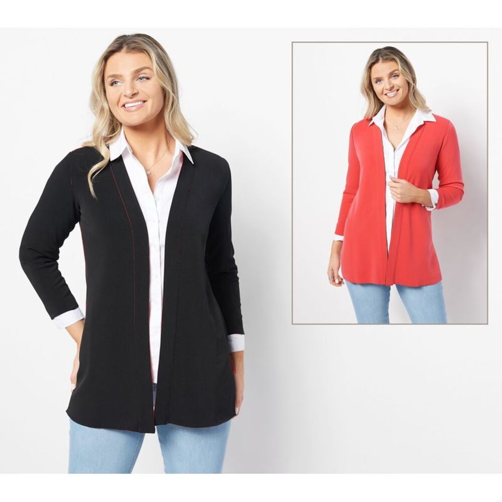 Susan Graver Open-Front Sweater Cardigan in Black and Coral